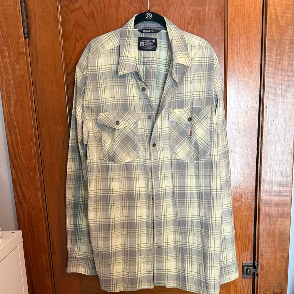 Carhartt Gray and Light Green Button Down Plaid Shirt